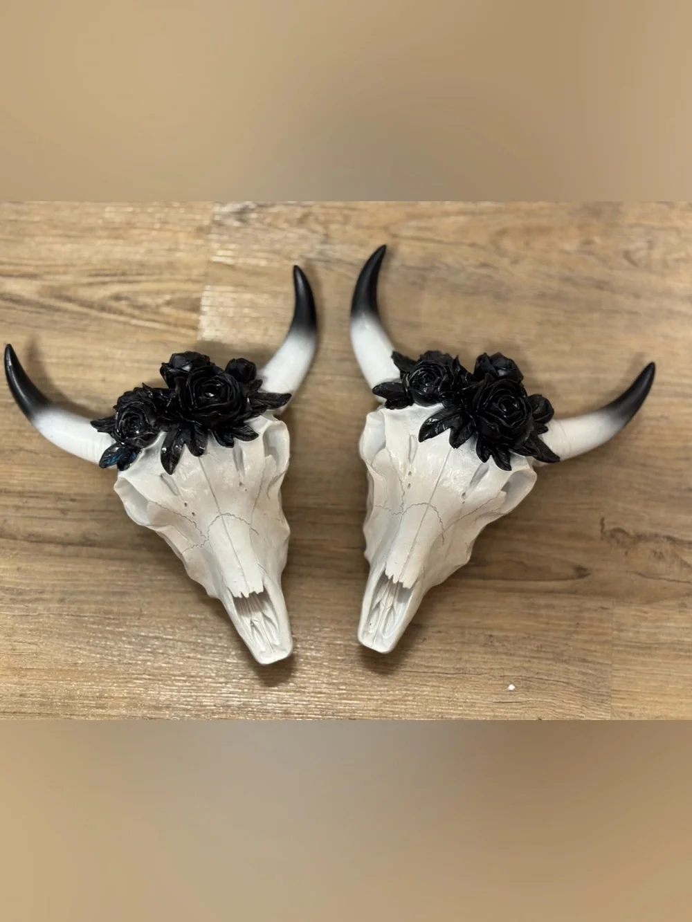 2 White Skull Wall Accent with Black Floral Crown - Decorative Home Accent
